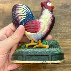 Rooster Cast Iron Door Stop Hand Painted Figurine